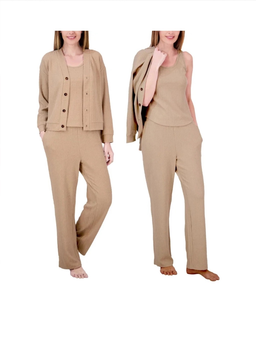 Live2Lounge Women's 3 Piece Textured Cable Knit Lounge Set or pant or tops Tan